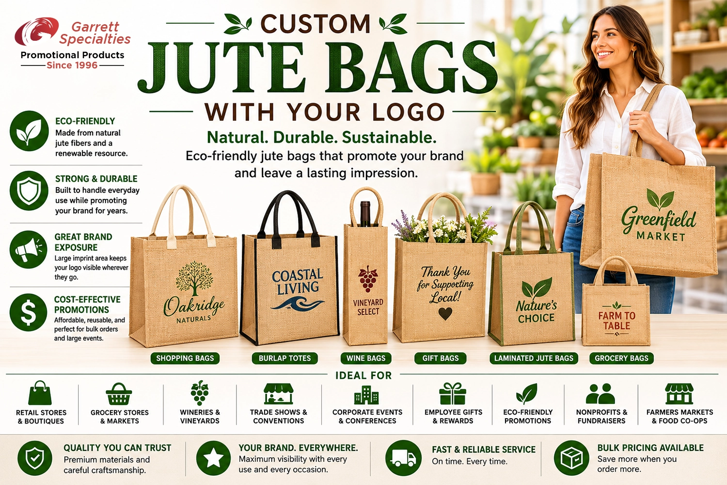 Custom Jute Bags with Your Logo Custom jute bags with your logo including eco-friendly shopping bags, burlap totes, wine bags, gift bags, and reusable grocery bags